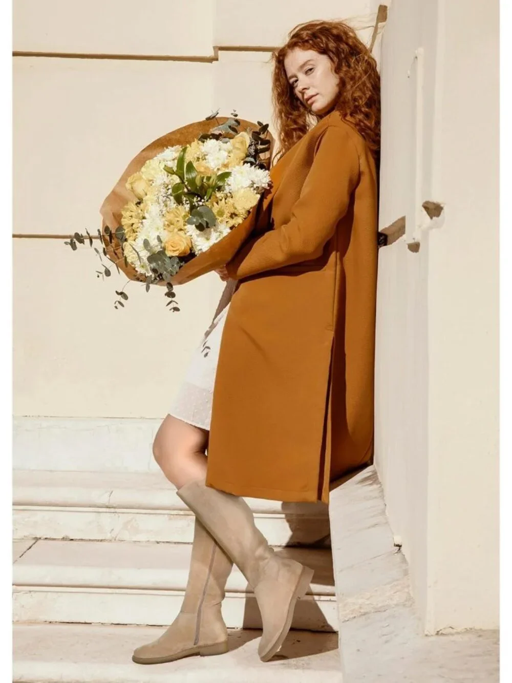 Women's Khaki Knee High Boots Flat Low Heel with Side Zipper